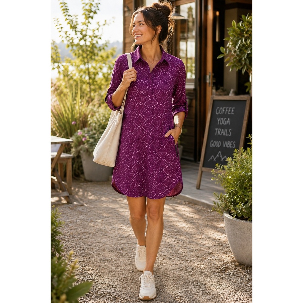 Title Nine Adventurista Shirt Dress Nimblene UPF 50 Shibori Roll Tab Purple S
